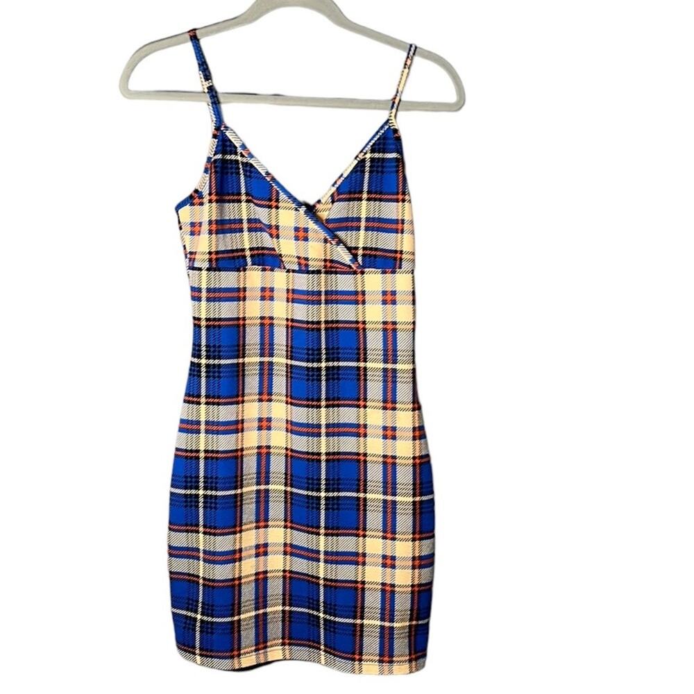 SHEIN Blue Orange Plaid Spaghetti Strap Mini Dress Small